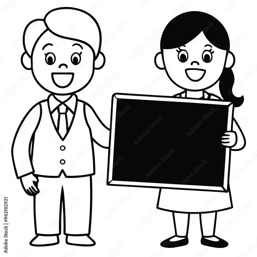 Character happy student and teacher holding blackboard Character happy student and teacher holding blackboard