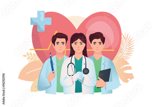 Doctors concept with people scene in the flat cartoon style. The healthcare workers in this illustration represent teamwork and dedication, with a heart symbol in the background. Vector illustration.