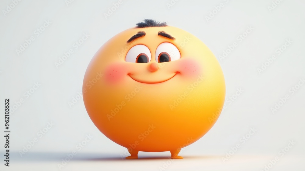 Fototapeta premium A 3D cartoon character with a round face, chubby cheeks, and a joyful laugh, eyes squinting in happiness, on a white background 