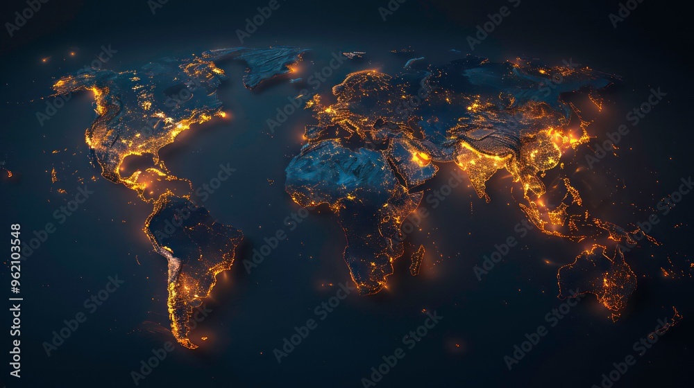A stylized 3D map of the world glowing with lights, representing global interconnectedness and communication. A stylized 3D map of the world glowing with lights, representing global interconnectedness and communication.