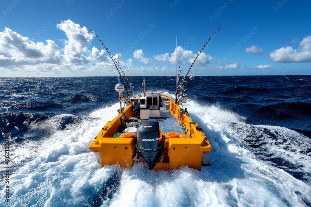 Naklejka premium Fishing boat, open sea, adventure on the waves promises an exciting day of deep-sea fishing with endless possibilities