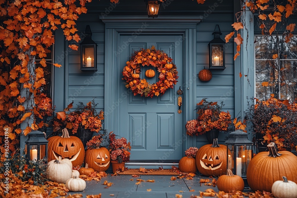 Obraz premium Halloween pumpkin decorations. Pumpkin for decorated house. Halloween Decorated at front yard of a American home. Halloween decorated front door with pumpkins.