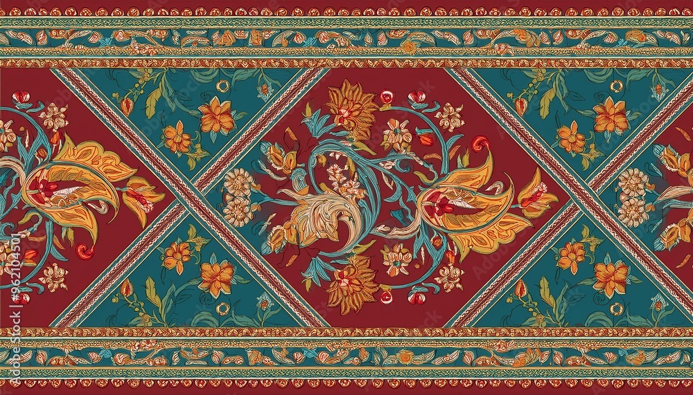 Digital Fabric Floral Seamless Design Featuring Mughal Art and Paisley Pattern Borders Digital Fabric Floral Seamless Design Featuring Mughal Art and Paisley Pattern Borders