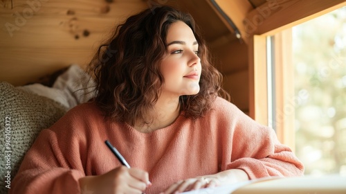 Empowering Self-Expression: Plus-Size Middle Eastern Woman Engaging in Writing Therapy for Mindfulness in Cozy Nook photo