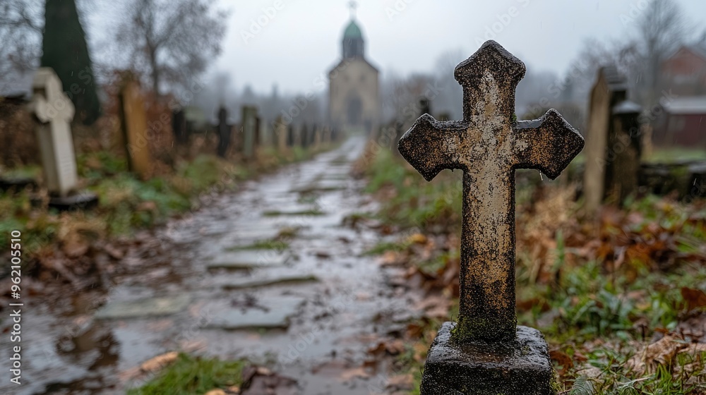 Stone Cross in a Graveyard with Church in Background Stone Cross in a Graveyard with Church in Background