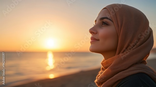 Tranquil Sunset Reflections: Middle Eastern Woman Embracing Healing Power of Nature with Disability (Whimsical Silhouette on Quiet Beach)