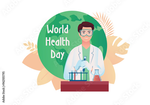 Laboratory assistant concept with people scene in the flat cartoon style. World health day illustration of a medical worker with test tubes doing laboratory research. Vector illustration.