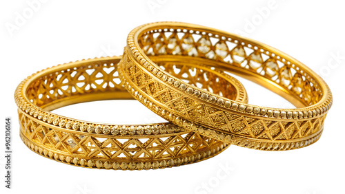 Elegant golden bangles with intricate designs, cut out transparent