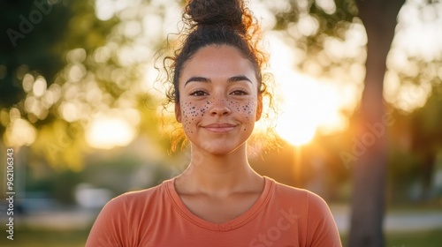 Radiant Latina Woman Embracing Body Positivity and Mindfulness through Sunrise Yoga with Whimsical Double Exposure