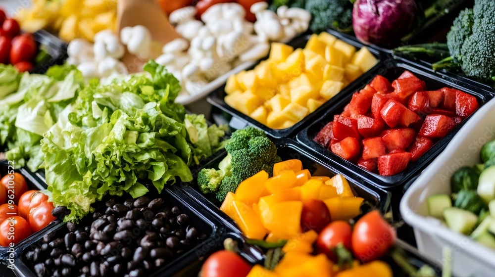 A variety of fresh vegetables are arranged in containers. A variety of fresh vegetables are arranged in containers.