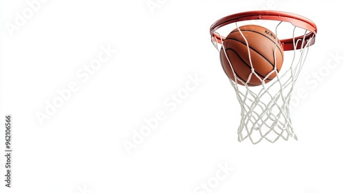 A basketball suspended in the air as it falls through a hoop, the background is white. 