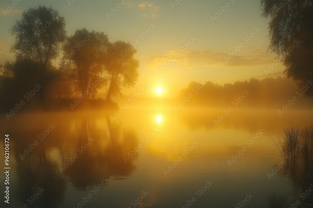 misty dawn at crystal lake ethereal fog blankets a serene lake at sunrise soft golden light pierces through mist creating a dreamlike landscape with subtle reflections on water misty dawn at crystal lake ethereal fog blankets a serene lake at sunrise soft golden light pierces through mist creating a dreamlike landscape with subtle reflections on water