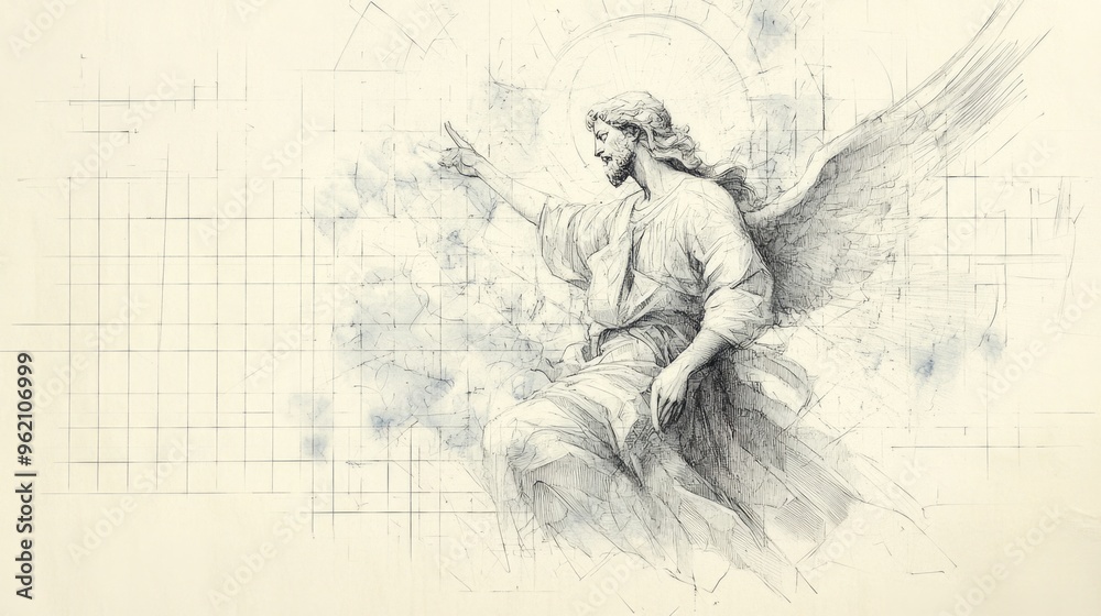 Fototapeta premium Angel with wings on the background of the clouds. Digital illustration.