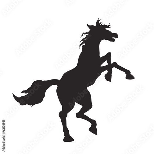 Black silhouette of a rearing horse. Jumping mustang isolated drawing. Side view of farm animal. Wild stallion tattoo