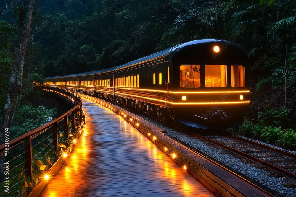 Obraz premium Honeymoon luxury train journey, scenic routes, elegant travel takes couples on a romantic and leisurely journey through beautiful landscapes