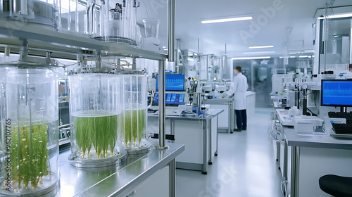 Biotechnology lab with plant research in glass chambers 