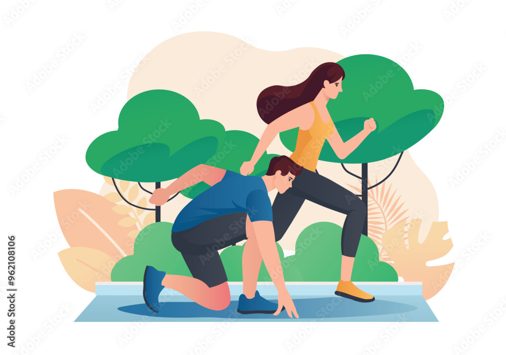People do sports concept with people scene in the flat cartoon style. A man and a woman run together in the park and feel the determination and joy of outdoor activity. Vector illustration. People do sports concept with people scene in the flat cartoon style. A man and a woman run together in the park and feel the determination and joy of outdoor activity. Vector illustration.