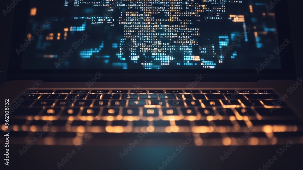 Close-up of a laptop with glowing programming code on the screen. Concept of coding and software development in a digital workspace. Close-up of a laptop with glowing programming code on the screen. Concept of coding and software development in a digital workspace.