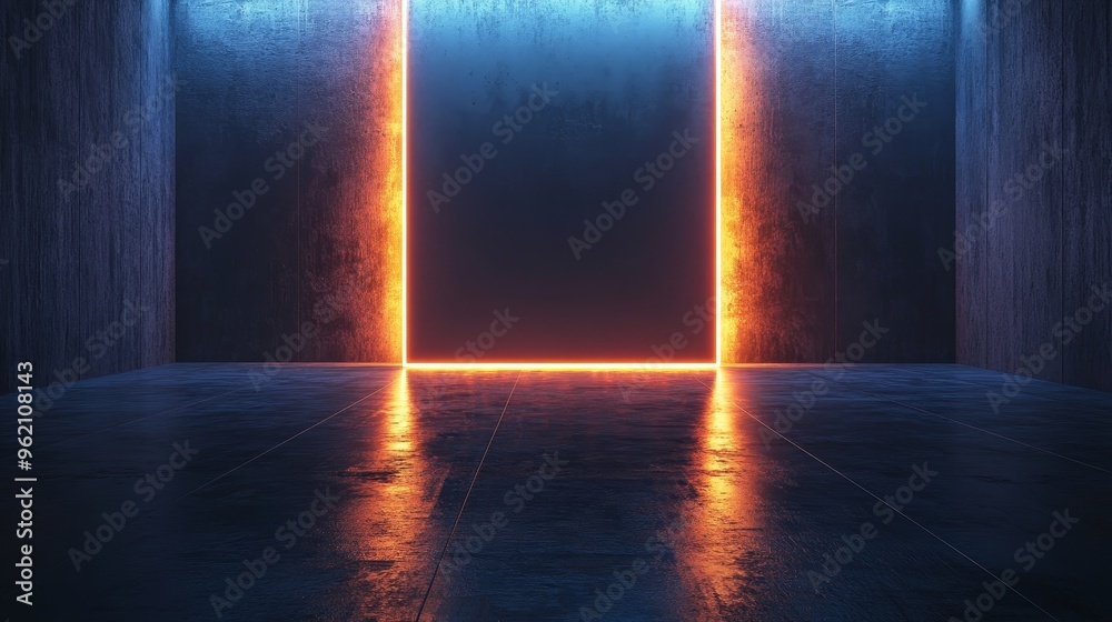A dark room with a glowing orange light shining through a doorway A dark room with a glowing orange light shining through a doorway