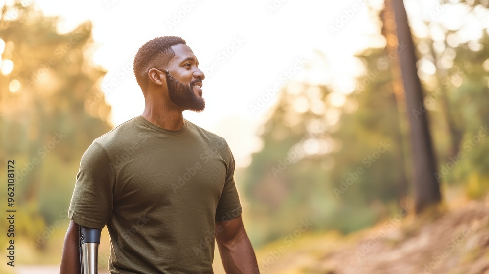 Obraz premium Finding Peace in Nature: Black Man with Prosthetic Leg Embracing Mindful Walking on Ethereal Forest Trail