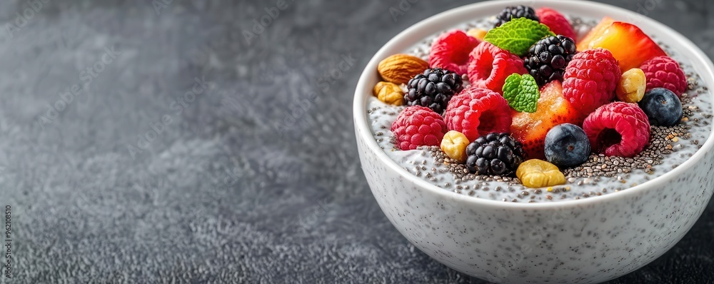 Chia pudding topped with fresh fruits and nuts, brain-stimulating dessert, healthy and satisfying Chia pudding topped with fresh fruits and nuts, brain-stimulating dessert, healthy and satisfying