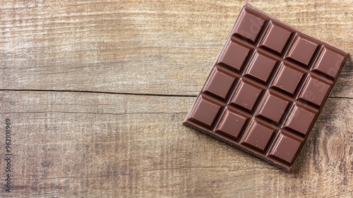 Dark chocolate bar on a rustic wooden surface, brain-stimulating treat, rich in flavonoids photo