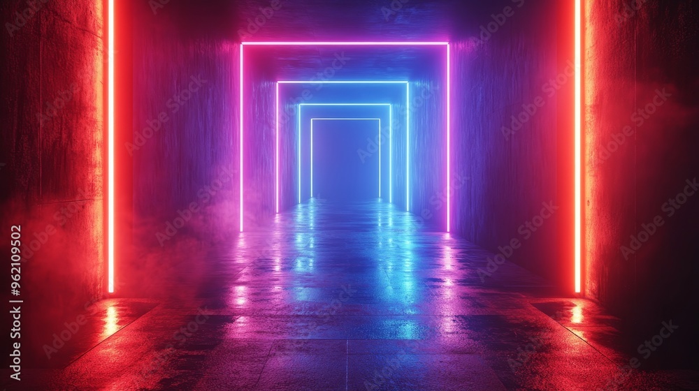 A neon tunnel with red and blue lights A neon tunnel with red and blue lights