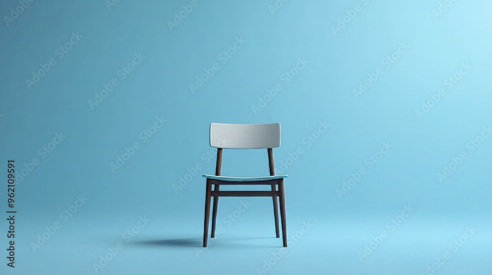 A white chair is sitting in front of a blue wall A white chair is sitting in front of a blue wall