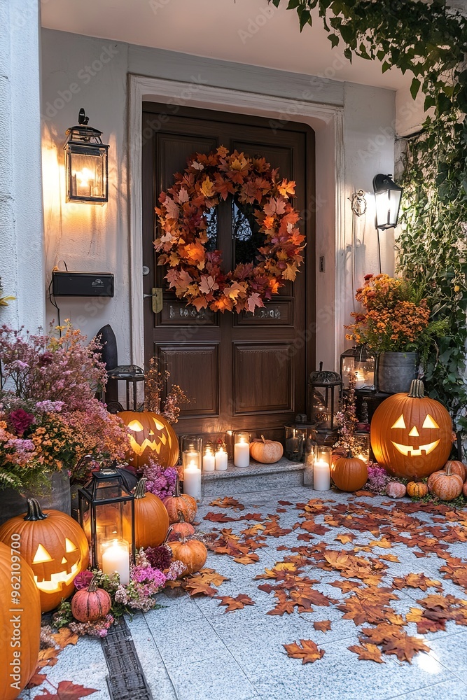 Obraz premium Halloween pumpkin decorations. Pumpkin for decorated house. Halloween Decorated at front yard of a American home. Halloween decorated front door with pumpkins.