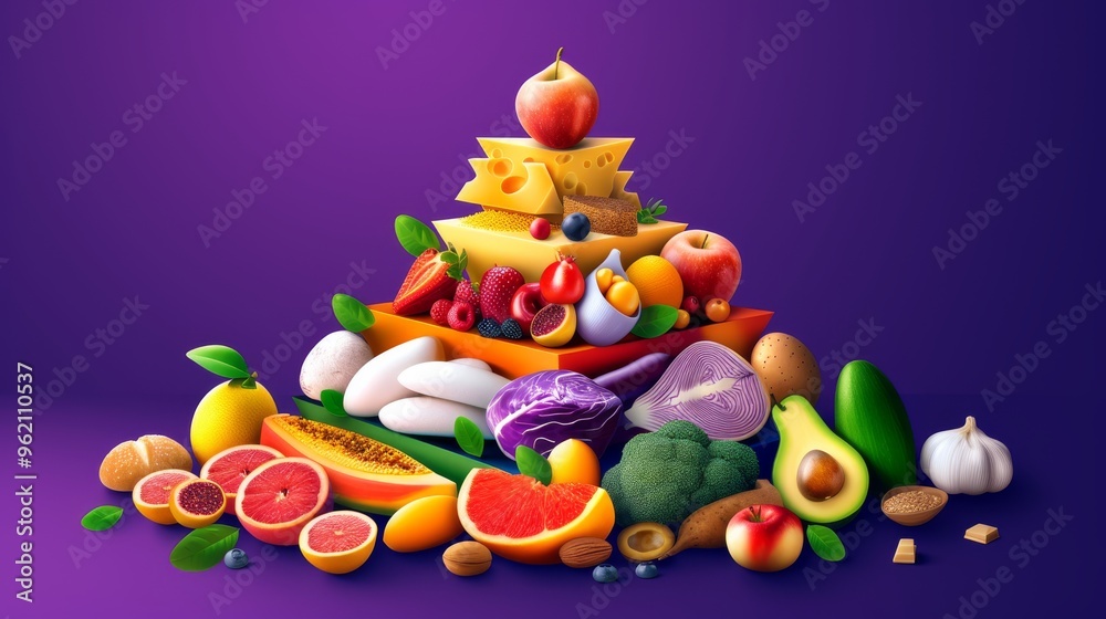 A colorful array of fresh fruits, vegetables, and slices of cheese arranged in a pyramid-like structure on a purple background. The image features various produce, including citrus fruits, avocados A colorful array of fresh fruits, vegetables, and slices of cheese arranged in a pyramid-like structure on a purple background. The image features various produce, including citrus fruits, avocados