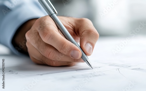 Engineer drawing technical designs on blueprints, close-up of hand and pen, detailed architectural plans, bright natural light, focused workspace, creative concept