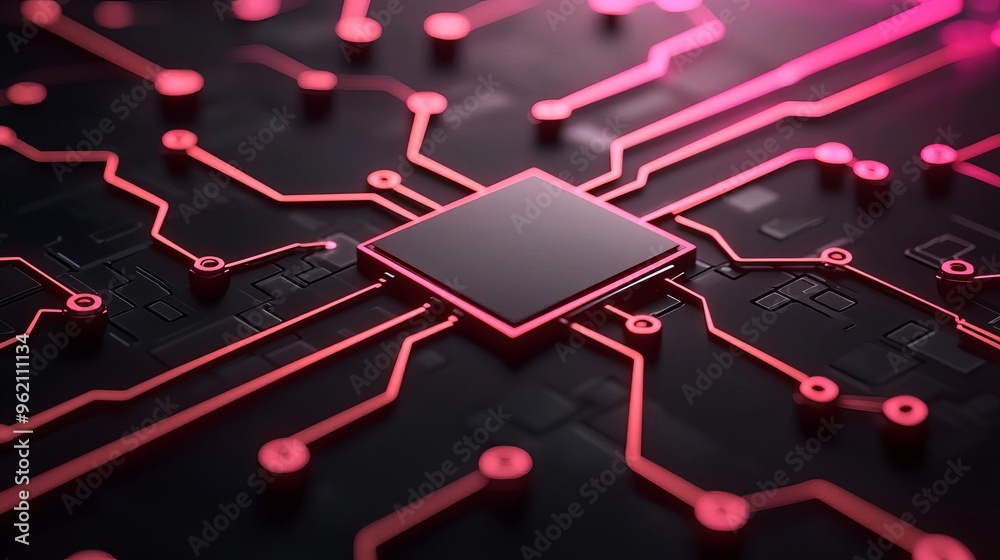 Close-up of a modern microchip with intricate circuitry in vibrant pink tones, showcasing technology and innovation. Close-up of a modern microchip with intricate circuitry in vibrant pink tones, showcasing technology and innovation.