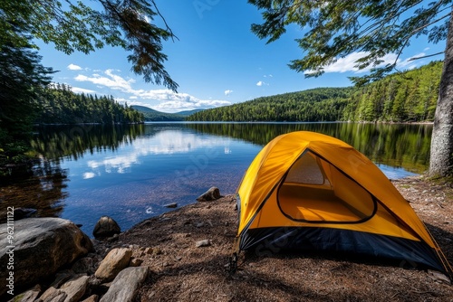 Lake shore, tent pitched, surrounded by forest offers the perfect escape, where hiking and camping meet in natural beauty