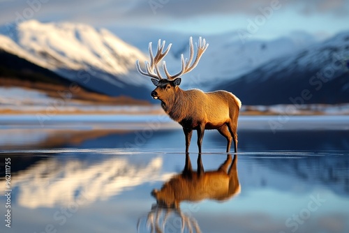 Northern Whale Deer, frozen antlers, cracking like ice makes a sound that reverberates across the landscape when it shakes its massive, icy antlers photo