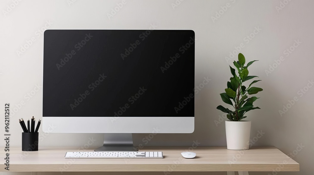 Minimalist desk setup with a sleek computer, a cup of coffee, and minimal accessories, ideal for a modern professional Minimalist desk setup with a sleek computer, a cup of coffee, and minimal accessories, ideal for a modern professional