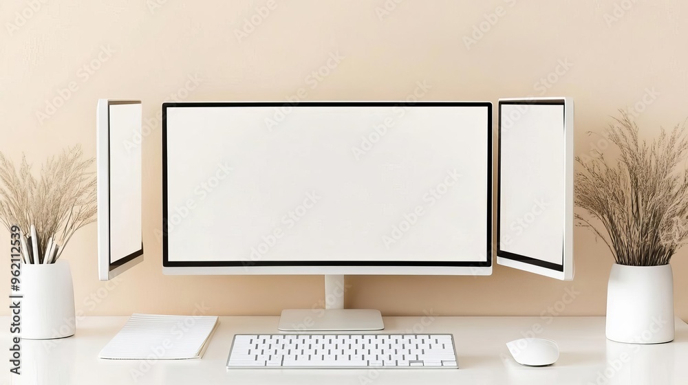 Minimalist desk setup with dual monitors, white keyboard, and an empty notepad, symbolizing a fresh start to work Minimalist desk setup with dual monitors, white keyboard, and an empty notepad, symbolizing a fresh start to work