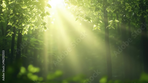 Sunlight filters through lush green leaves, creating a serene and peaceful atmosphere in a vibrant forest.