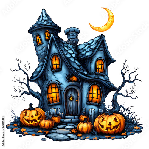 Halloween Spooky Haunted House isolated on a transparent background