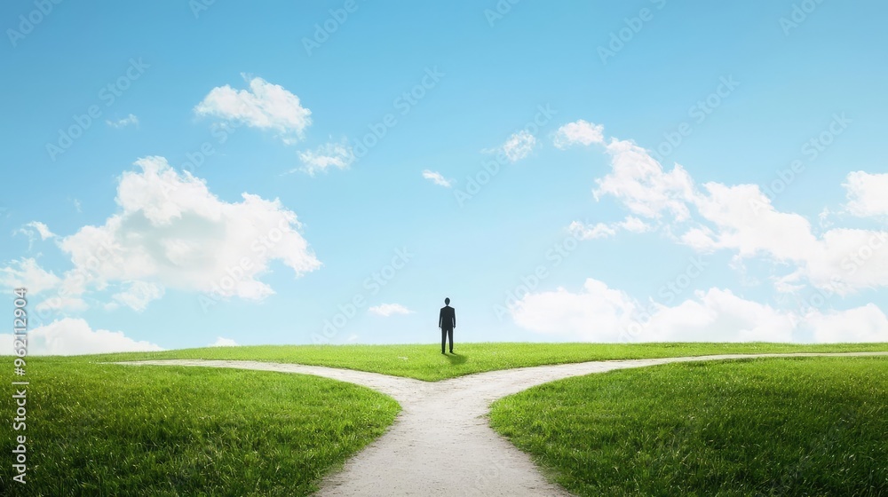 A person stands at a crossroads, contemplating choices in a serene landscape under a clear blue sky. A person stands at a crossroads, contemplating choices in a serene landscape under a clear blue sky.