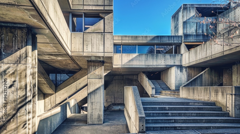 Fototapeta premium Concrete Stairway Perspective, Wide Angle, Concrete Building Exterior, Steps, Structure, Architecture, Minimalism