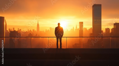 A silhouette of a man standing against a vibrant sunset, overlooking a bustling city skyline, evoking feelings of reflection.