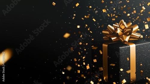 Black Friday Banner Featuring a Luxurious Gift Box Adorned with Golden Confetti and Glitter, Highlighting a Festive Sale with Vibrant Colors and Overlay on a Black Background, Illustrated with Shadowl photo