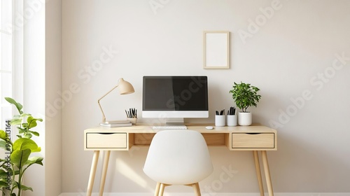 Minimalist home office with compact furniture, neutral colors, and minimal decor, perfect for remote work