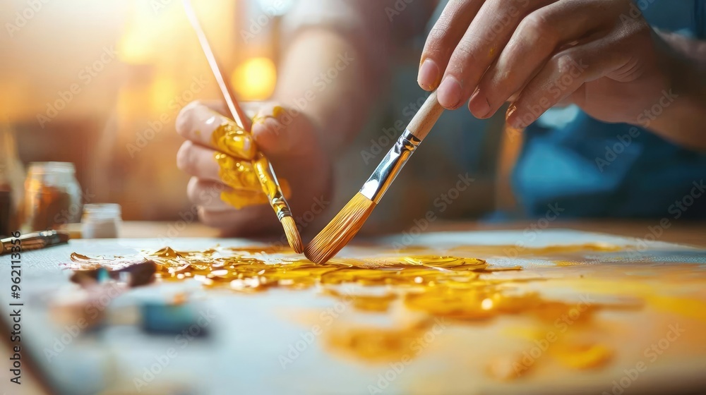 Artistic hands mixing vibrant yellow paint on canvas, capturing the essence of creativity and passion in an inspiring workspace.