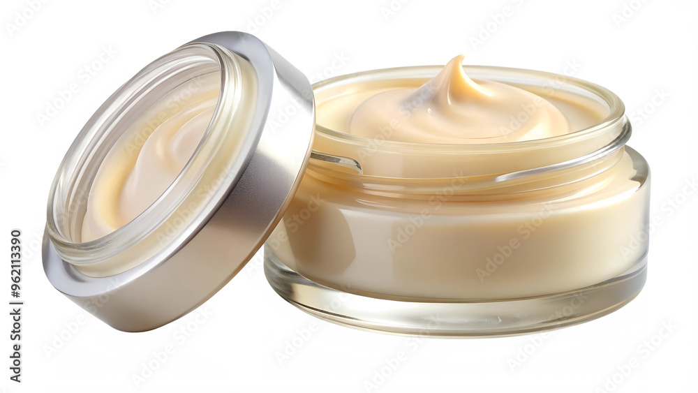 Moisturizing cream in glass jar with silver lid, cut out transparent Moisturizing cream in glass jar with silver lid, cut out transparent