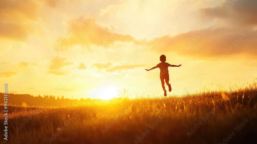 A joyful child runs freely in a sunlit field, embracing the warmth of sunset and the beauty of nature.
