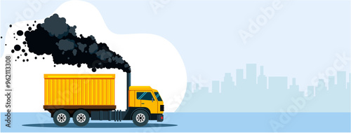 Cargo trailer with black smoke on a city background