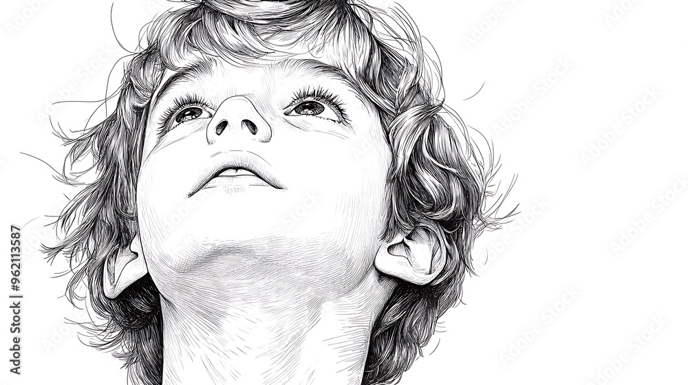 Fototapeta premium A black and white line drawing of a young boy looking up with a hopeful expression.
