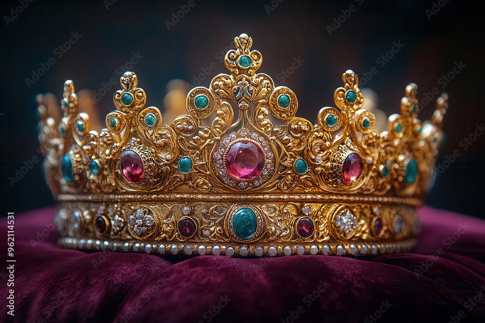 ornate golden crown adorned with precious gems resting on plush burgundy velvet pillow soft studio lighting highlighting intricate details
