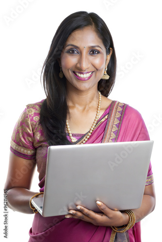 Businesswoman in traditional dress on laptop, cut out transparent